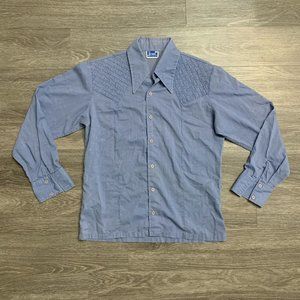 Vintage 60s 70s Jove Weave Design Thin Blue Button Up Shirt Sz. L
